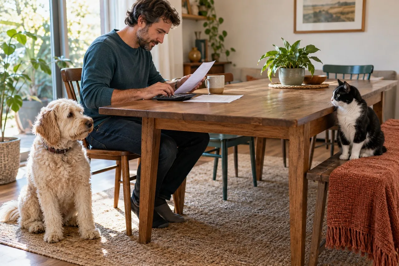 An owner reading a folder with a dog and cat nearby